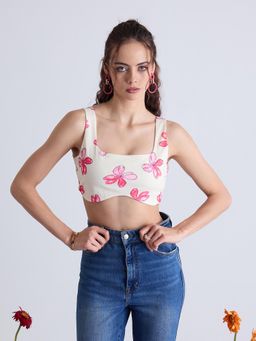 Kibo - Women Floral Printed Square Neck Crop Blouson Top - Beige