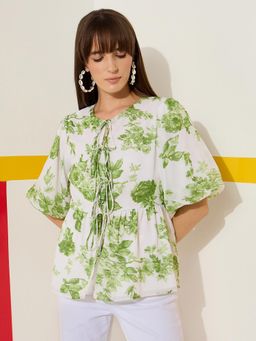 Kibo - Floral Printed Puff Sleeve Tie-Up Neck Peplum Top - Green