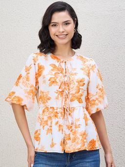 Kibo - Women Floral Printed Puff Sleeve Peplum Top - Orange