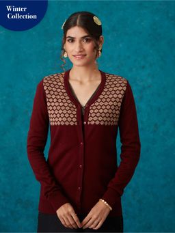 Likha - Maroon Woollen Acrylic Lurex Jacquard Winter Cardigan LIKCAR11