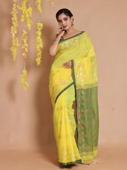 CHARUKRITI - Yellow Cotton Handspun Paisley Motifs & Foliage Zari Pallu Saree with Unstitched Blouse