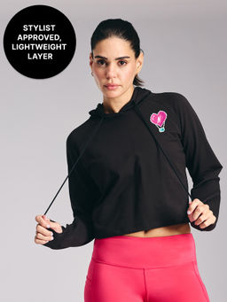 Kica - KIC604 Black Cropped Hoodie - In Cotton Terry Fabric - Kica Chica Edition