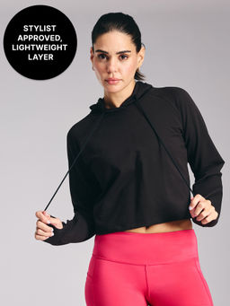 Kica - KIC605 Black Cropped Hoodie - In Cotton Terry Fabric - Kica Chica Edition