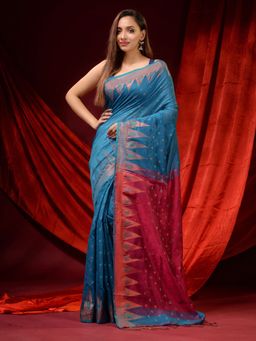 CHARUKRITI - Cerulean Blue Blended Cotton Woven Buttas and Temple Borders Saree with Unstitched Blouse