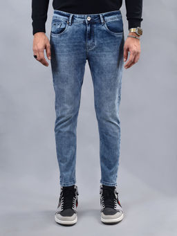 Greenfibre - Cloudy Blue Cotton Stretch Slim Fit Washed Pattern Jeans