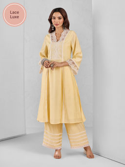 Likha - Yellow Premium Chanderi A Line Pakistani Kurta with Lace Detailing and Pant LIKMAKS45
