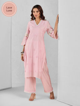 Likha - Soft Pink Premium Chanderi Embroidered Pakistani Straight Kurta with Lace and Pant LIKMAKS45