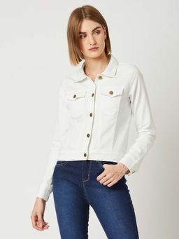 Miss Chase - Women White Collar Neck Full Sleeves Denim Solid Jacket