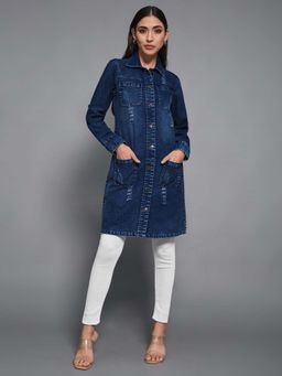 Miss Chase - Women Navy Blue Solid Collar Neck Denim Overcoat Knee Length Jacket