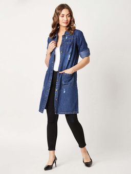 Miss Chase - Women Navy Blue Solid Collar Neck Denim Overcoat Knee Length Jacket