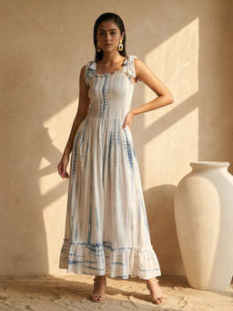 First Resort by Ramola Bachchan - Dark Blue Tie-Dye Smocking A Line Maxi Dress