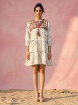 First Resort by Ramola Bachchan - Magenta Embroidered Peasant A Line Mini Dress