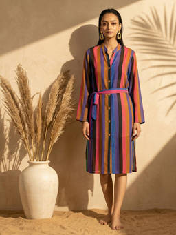 First Resort by Ramola Bachchan - Neon Pink and Purple Striped Shirt Dress