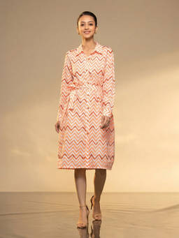 First Resort by Ramola Bachchan - Orange Zig-Zag Shirt Knee Length Dress