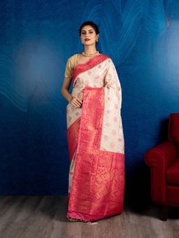 Beatitude - Off White Pink Ethnic Motifs Zari Silk Blend Banarasi Saree with Unstitched Blouse