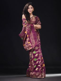 Beatitude - Magenta Cotton Silk Woven Jacquard Jamdani Saree with Unstitched Blouse