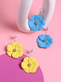 Sohi - Womens Floral Hues Drop Earrings - Lemon Yellow-Sky Blue