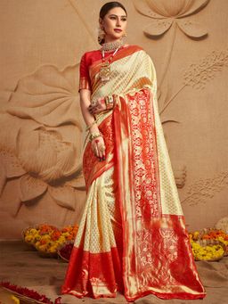Odette - Silk Blend Off White And Red Woven Designer Saree with Unstitched Blouse