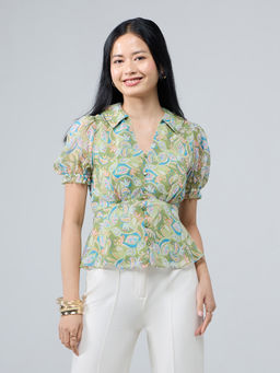 Twenty Dresses by Nykaa Fashion - Green Printed Puff Sleeves Collared Peplum Top