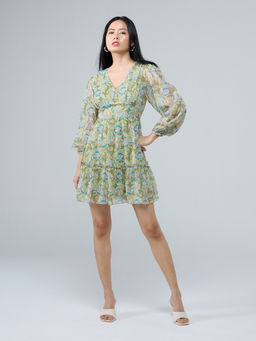 Twenty Dresses by Nykaa Fashion - Green Printed V Neck Balloon Sleeves Frill Detail Mini Dress