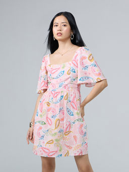 Twenty Dresses by Nykaa Fashion - Multicolor Printed Square Neck Half Ruffled Sleeves Mini Dress