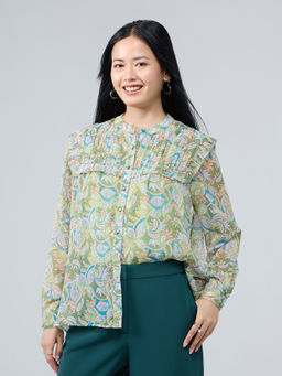 Twenty Dresses by Nykaa Fashion - Green Printed Mandarin Collar Ruffle Detail Shirt