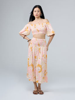 Twenty Dresses by Nykaa Fashion - Multicolor Off Shoulder Crop Top Smocked Skirt Co Ord Set