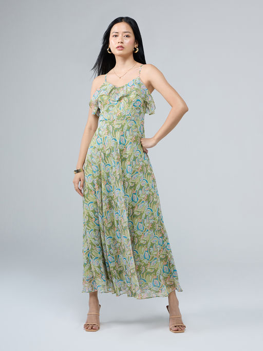 Twenty Dresses by Nykaa Fashion Green Printed Shoulder Straps Ruffle Detail Maxi Dress