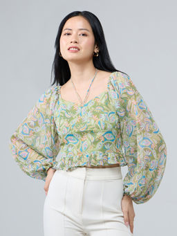 Twenty Dresses by Nykaa Fashion - Green Printed Ruffled Hem Balloon Sleeves Top