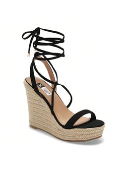 IRUSSH - Chic Black Suede Strappy Lace-Up Wedges