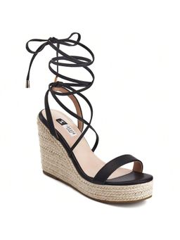 IRUSSH - Sleek Black Napa Strappy Lace-Up Wedges