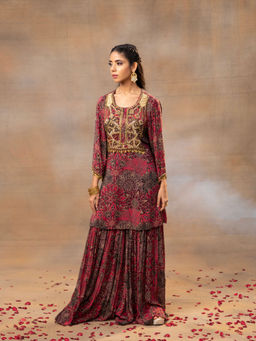 MEHAK MURPANA - Pink Printed Embroidered Short Kurta Sharara (Set of 2)