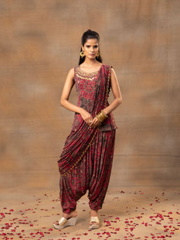 MEHAK MURPANA - Pink Printed Embroidered Short Top Dhoti Pants and Drape (Set of 3)