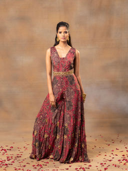 MEHAK MURPANA - Pink Printed Jumpsuit and Belt with Embroidery (Set of 2)