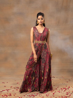 MEHAK MURPANA - Pink Printed Jumpsuit Drape and Belt with Embroidery (Set of 3)