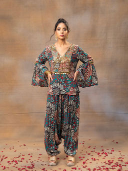 MEHAK MURPANA - Green Printed Embroidered Short Top with Low Crotch Dhoti Pants (Set of 2)