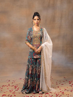 MEHAK MURPANA - Green Printed Embroidered Short Kurta Sharara and Dupatta (Set of 3)