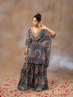 MEHAK MURPANA - Green Printed Embroidered Kaftan Top with Sharara (Set of 2)