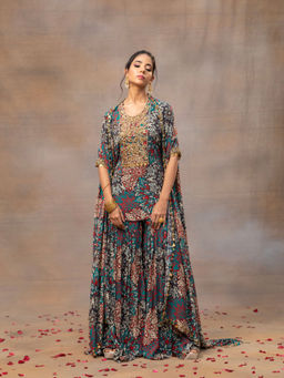 MEHAK MURPANA - Green Printed Embroidered Short Kurta Sharara and Cape (Set of 3)