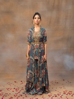 MEHAK MURPANA - Green Printed Embroidered Short Kurta Sharara Cape and Belt (Set of 4)