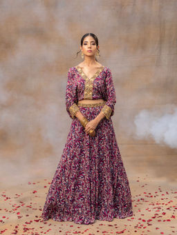 MEHAK MURPANA - Purple Printed Embroidered Batwing Sleeves Top with Lehenga (Set of 2)