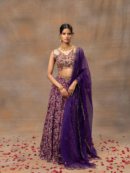 MEHAK MURPANA - Purple Printed Embroidered Choli Lehenga and Dupatta (Set of 3)
