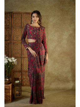 MEHAK MURPANA - Pink Printed Pre Stitched Saree with Stitched Blouse