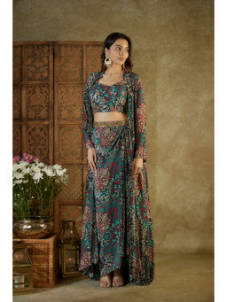 MEHAK MURPANA - Green Printed Top Draped Skirts and Jacket (Set of 3)