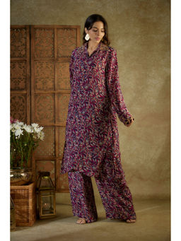 MEHAK MURPANA - Purple Printed Embroidered Long Kurta and Pants (Set of 2)