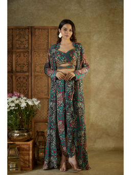 MEHAK MURPANA - Green Printed Blouse Dhoti and Cape with Embroidery (Set of 3)