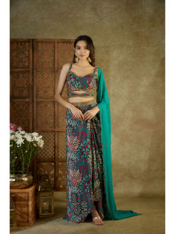 MEHAK MURPANA - Green Printed Choli Draped Lehenga and Dupatta (Set of 3)