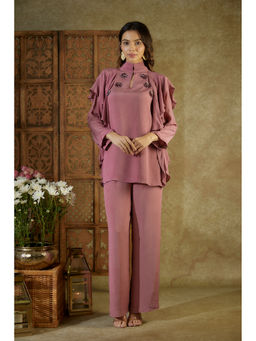 MEHAK MURPANA - Rose Pink Ruffle Co-Ord with Embroidery (Set of 2)