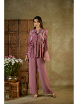 MEHAK MURPANA - Rose Pink Tie Up Co-Ord with Feather Detailing (Set of 2)