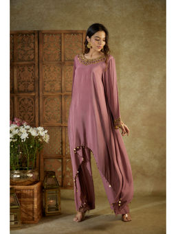 MEHAK MURPANA - Rose Pink Embroidered Asymmetrical Kurta and Pants (Set of 2)